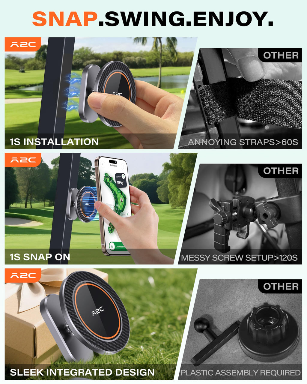 A2C Alloy Magnetic Golf Cart Phone Holder, Unique Golf Accessories for Men