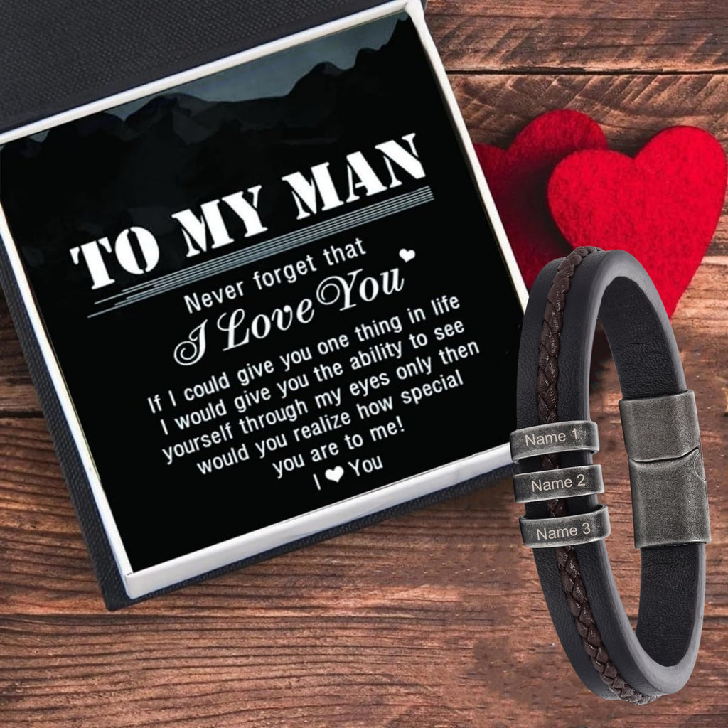 Personalized Custom Name Bracelets for Men - Mens Leather Bracelet with 2-5 Kids Names Customized Gifts for Dad Husband Son (2 names)