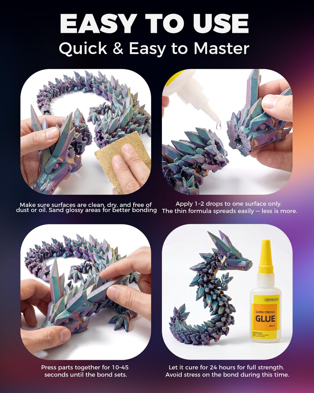 LEENEXUS Super Glue for Plastic, PLA, ABS, PETG, PC, ASA, Acrylic, PVC, Dries Clear Liquid CA Adhesive for 3D Prints, Model Kits, RC Parts & Repairs, 40ml