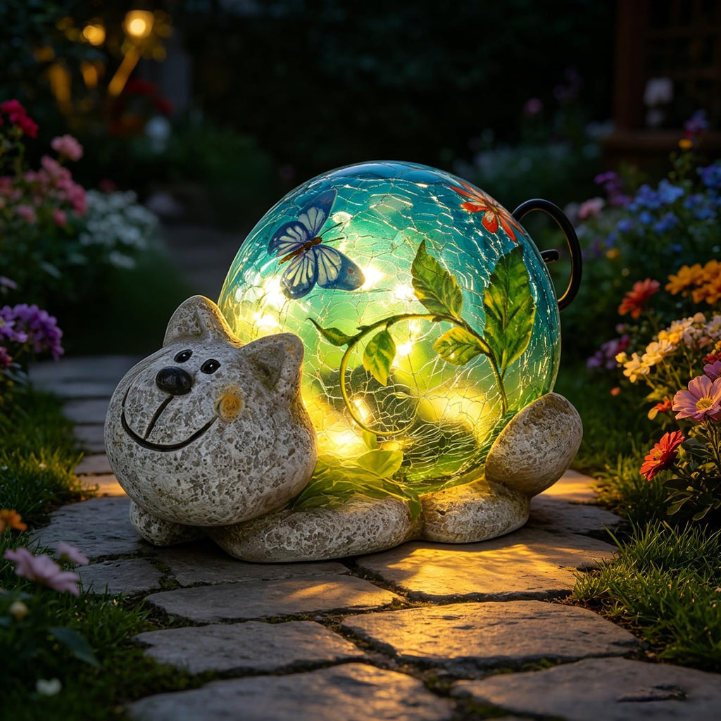 Solar Garden Outdoor Statue, Resin Cat Statues with Crackled Glass Globe
