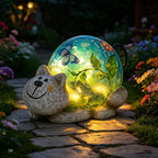 Solar Garden Outdoor Statue, Resin Cat Statues with Crackled Glass Globe