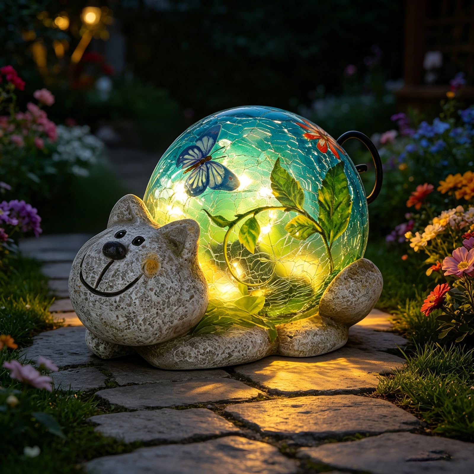 Solar Garden Outdoor Statue, Resin Cat Statues with Crackled Glass Globe