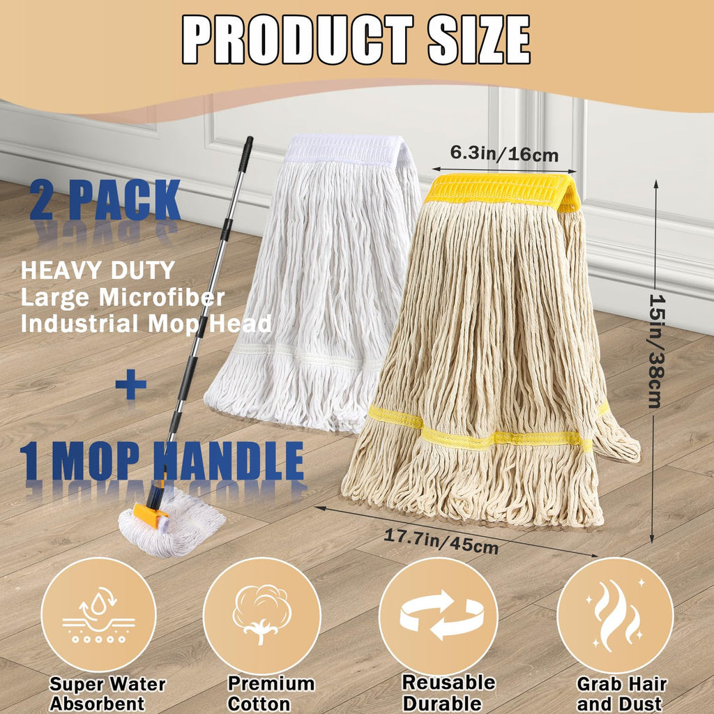 Commercial Mop Heavy Duty Industrial Mop with 2 Extra20oz Large Replacement Heads,60" Long Handle Heavy Duty Industrial Mops for Hardwood Wood Tile Vinyl - Reusable Cotton Head for Floor Cleaning