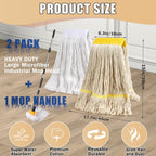 Commercial Mop Heavy Duty Industrial Mop with 2 Extra20oz Large Replacement Heads,60" Long Handle Heavy Duty Industrial Mops for Hardwood Wood Tile Vinyl - Reusable Cotton Head for Floor Cleaning