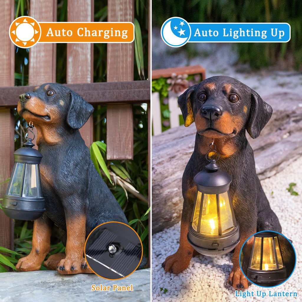 Dog Garden Statue, Rottweiler Solar Statue Holding Lantern,Rottweiler Gifts