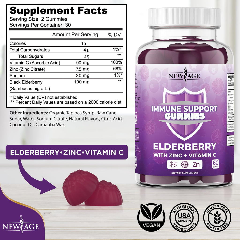 NEW AGE Immune System Support Gummies - Sambucus Black Elderberry Gummies with Vitamin C and Zinc (60 Count (Pack of 1))