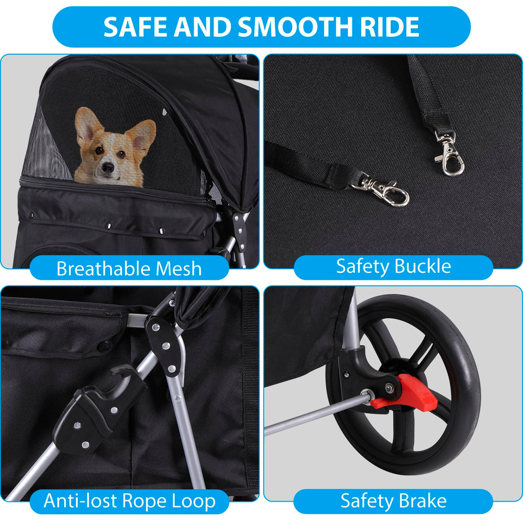 LEMY 3 Wheels Pet Dog Cat Stroller for Small Medium Dogs Cats,Black Foldable Jogger Travel Puppy with Detachable Carrier