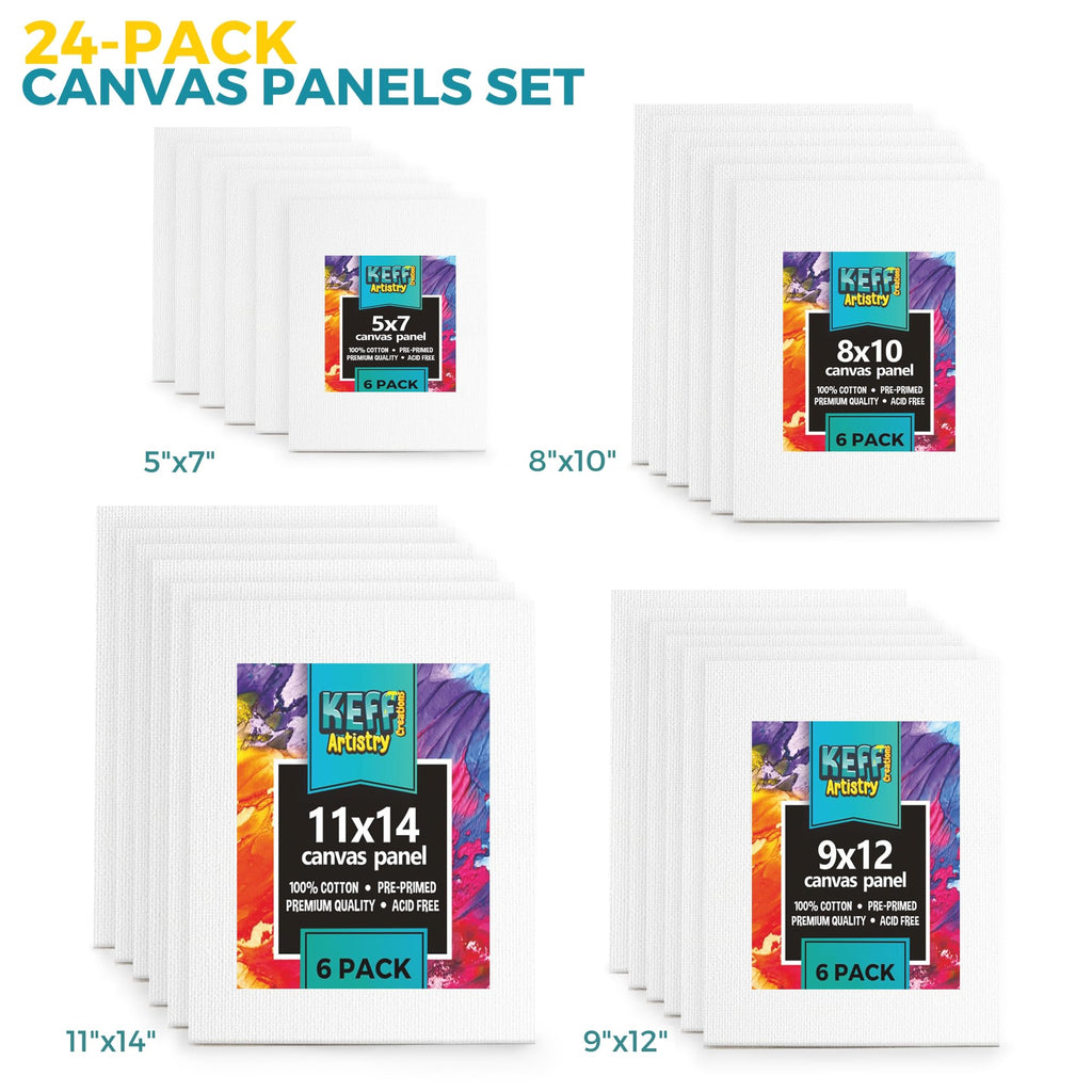 KEFF 24-Pack 𝗣𝗥𝗘𝗠𝗜𝗨𝗠 Canvas for Painting, 6 of 5x7, 8x10, 9x12,11x14 Painting Canvas Boards, Art Supplies for Adults & Kids - 100% Cotton Primed Canvases for Painting Acrylic, Oil, Watercolor