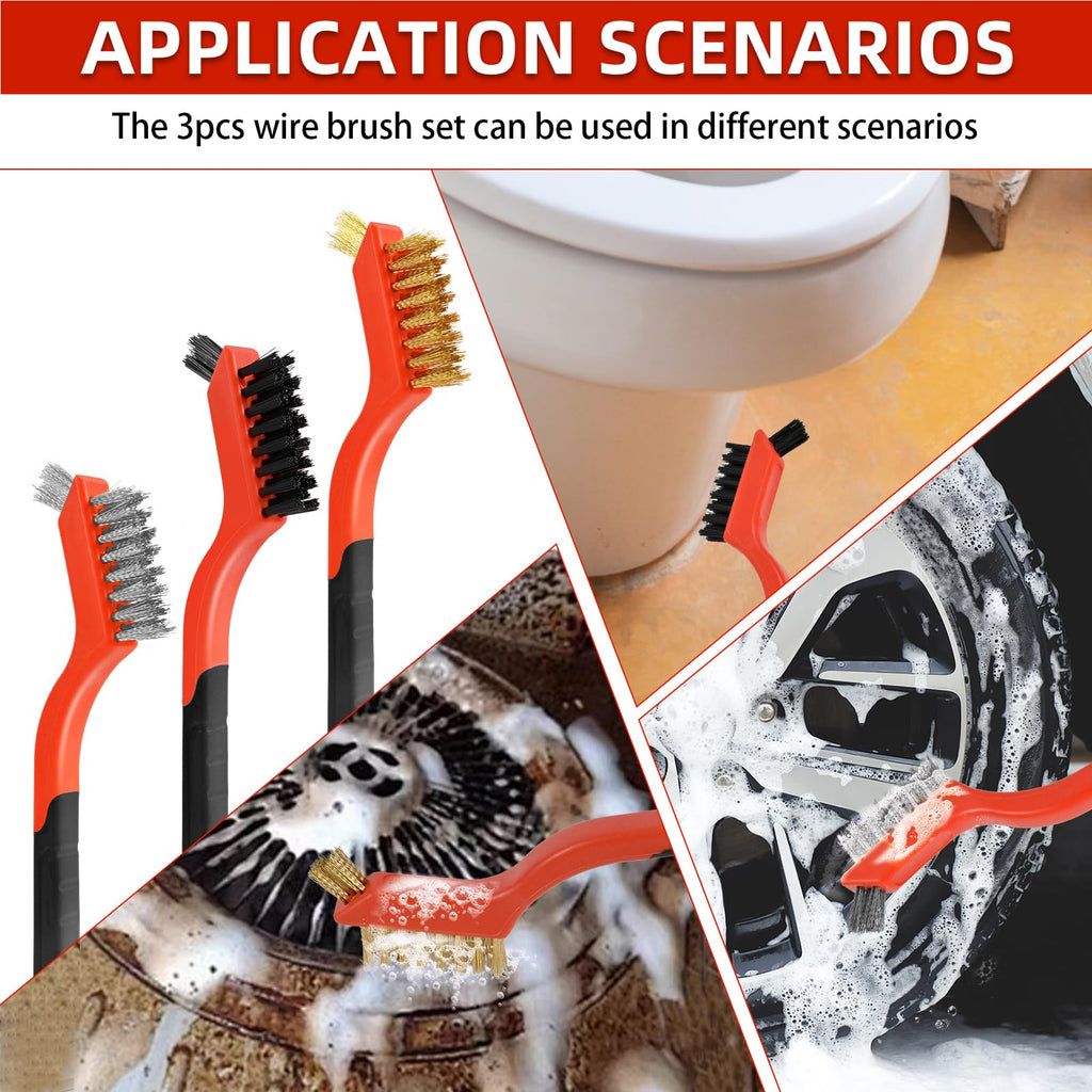 3PCS Wire Brushes for Cleaning Rust, Nylon, Brass & StainlessSteel Bristles