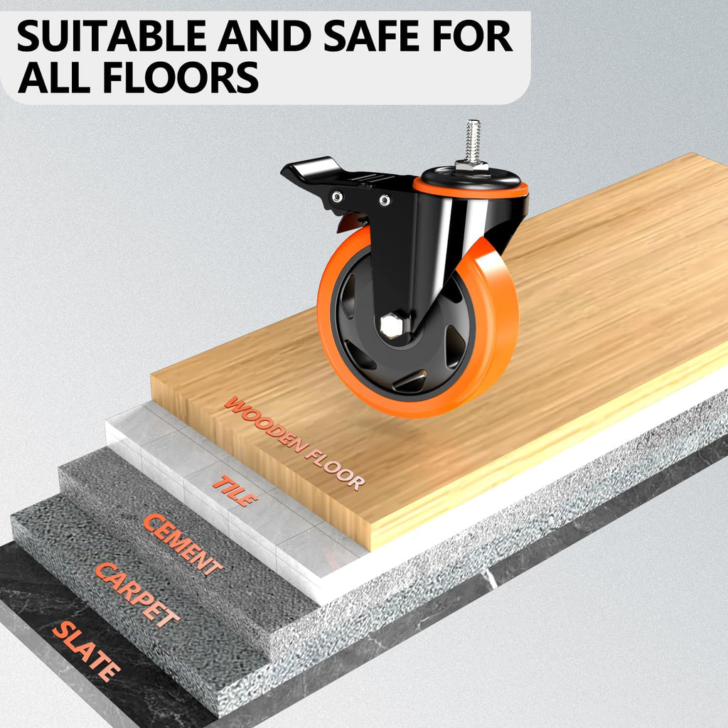 Caster Wheels Heavy Duty 5 Inch Stem Caster 2400Lbs, Threaded Stem Casters 3/8"-16 x 1(Stem Diameter 3/8", Stem Length 1"), Safety Locking Caster Set of 4, Industrial Castor Wheels for Cart,Furniture