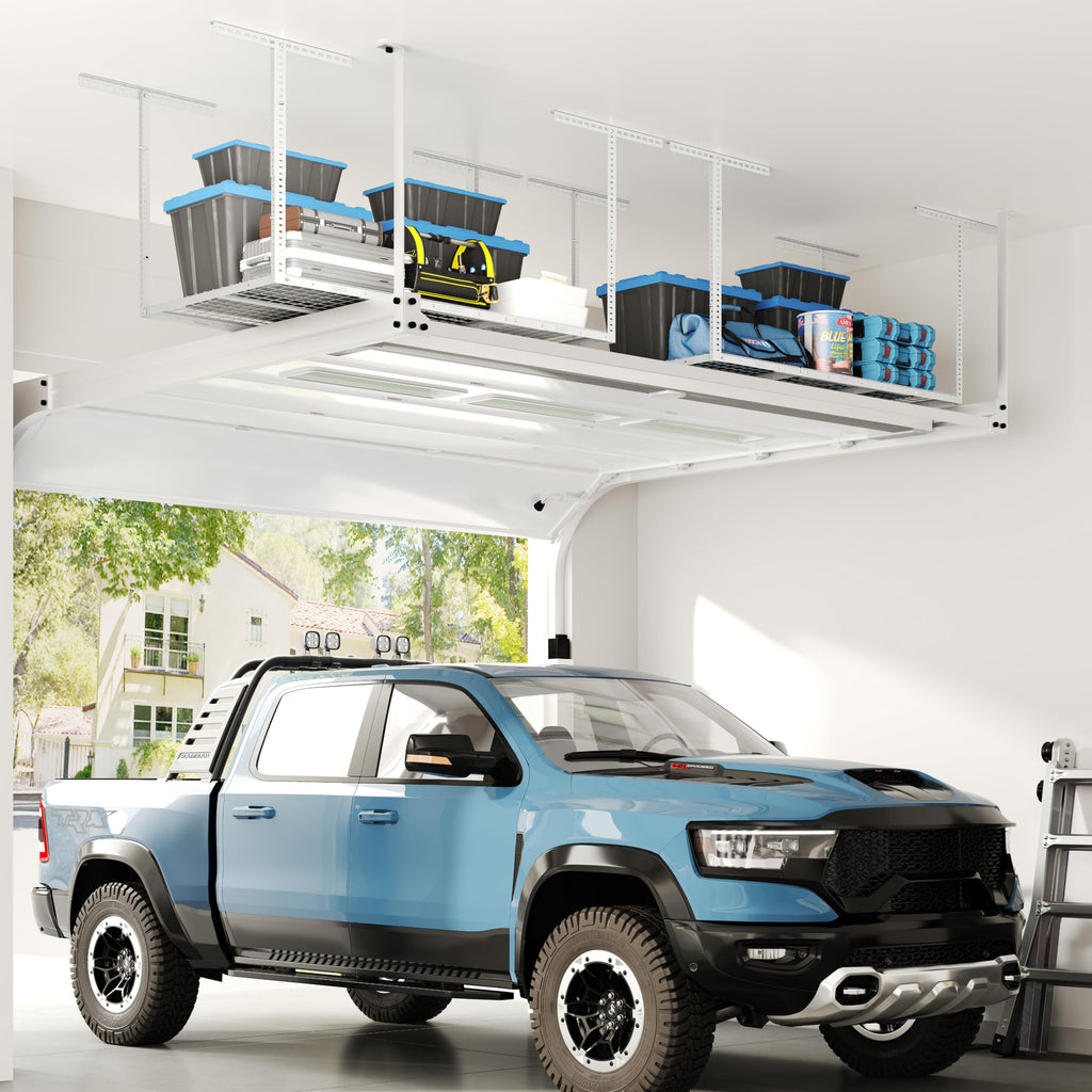 FLEXIMOUNTS 2 Pack 3x6 Overhead Garage Storage Adjustable Ceiling Rack 72" Length x 36" Width x 40" Height, 900lbs Total Weight Capacity, White, Classic Series
