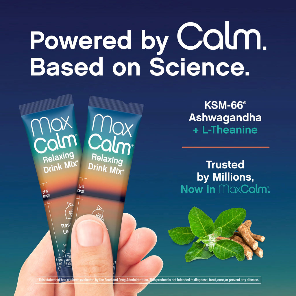 Max Calm Relaxing Drink Mix | Raspberry-Lemonade Flavor | Magnesium & KSM-66 Ashwagandha Supplement | Supports Relaxation | 30 Single-Serve Packets