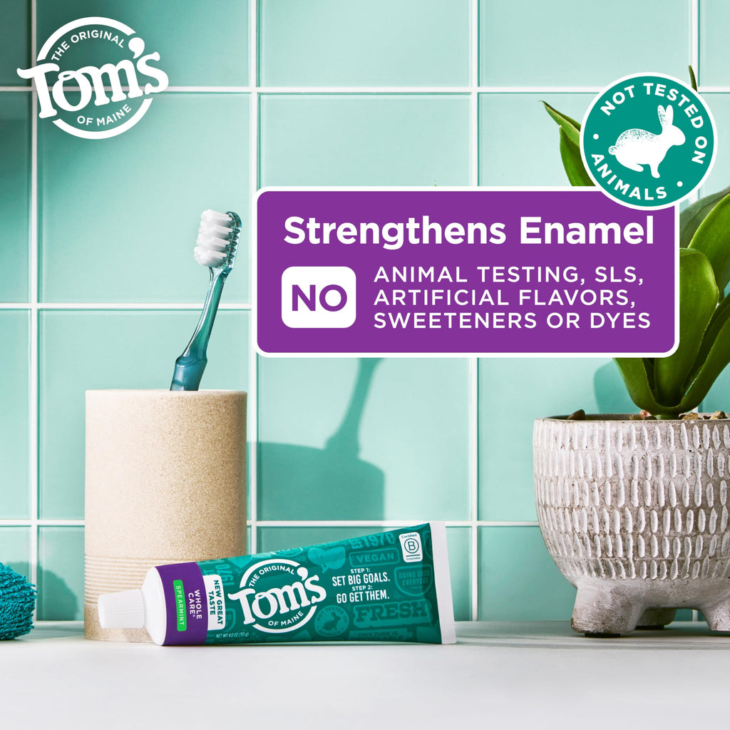 Tom's of Maine Whole Care Natural Toothpaste with Fluoride, Spearmint, 4 Ounce (Pack of 3), (Packaging May Vary)