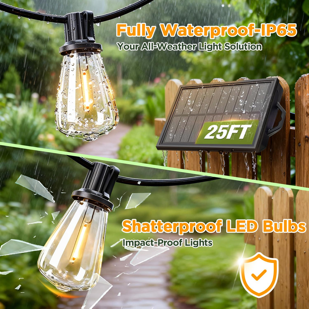 Skoiuc Solar String Lights Outdoor Waterproof with Remote & Timer, LED Shatterproof ST38 Bulbs, USB & Solar Powered Patio Lights for Backyard, Porch, Garden, Wedding, Christmas Decor (25FT)