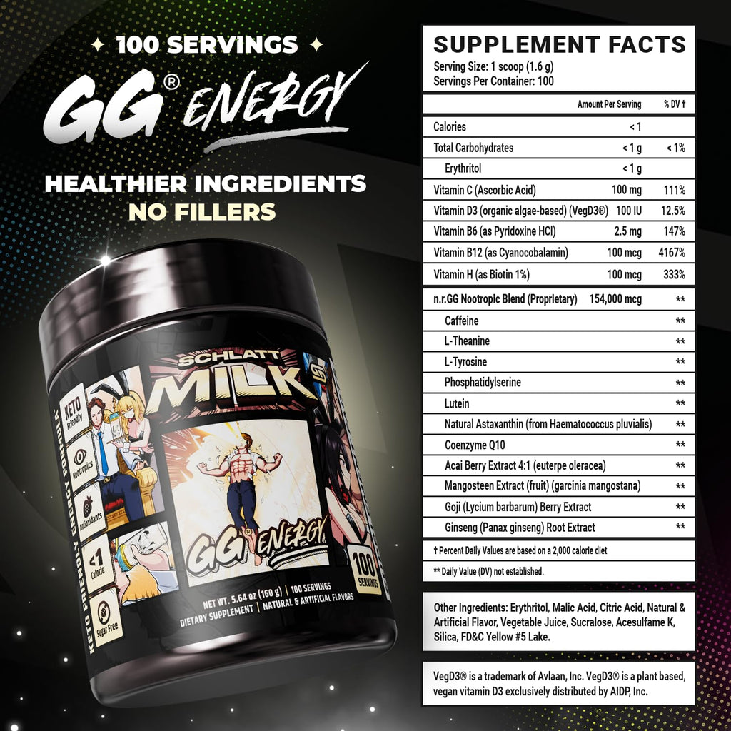 Gamer Supps GG Energy - Schlatt Milk by jschlatt (100 Servings) - Keto Friendly Gaming Energy and Nootropic Blend, Sugar Free + Caffeine + Vitamins + Immune Support, Powder Drink