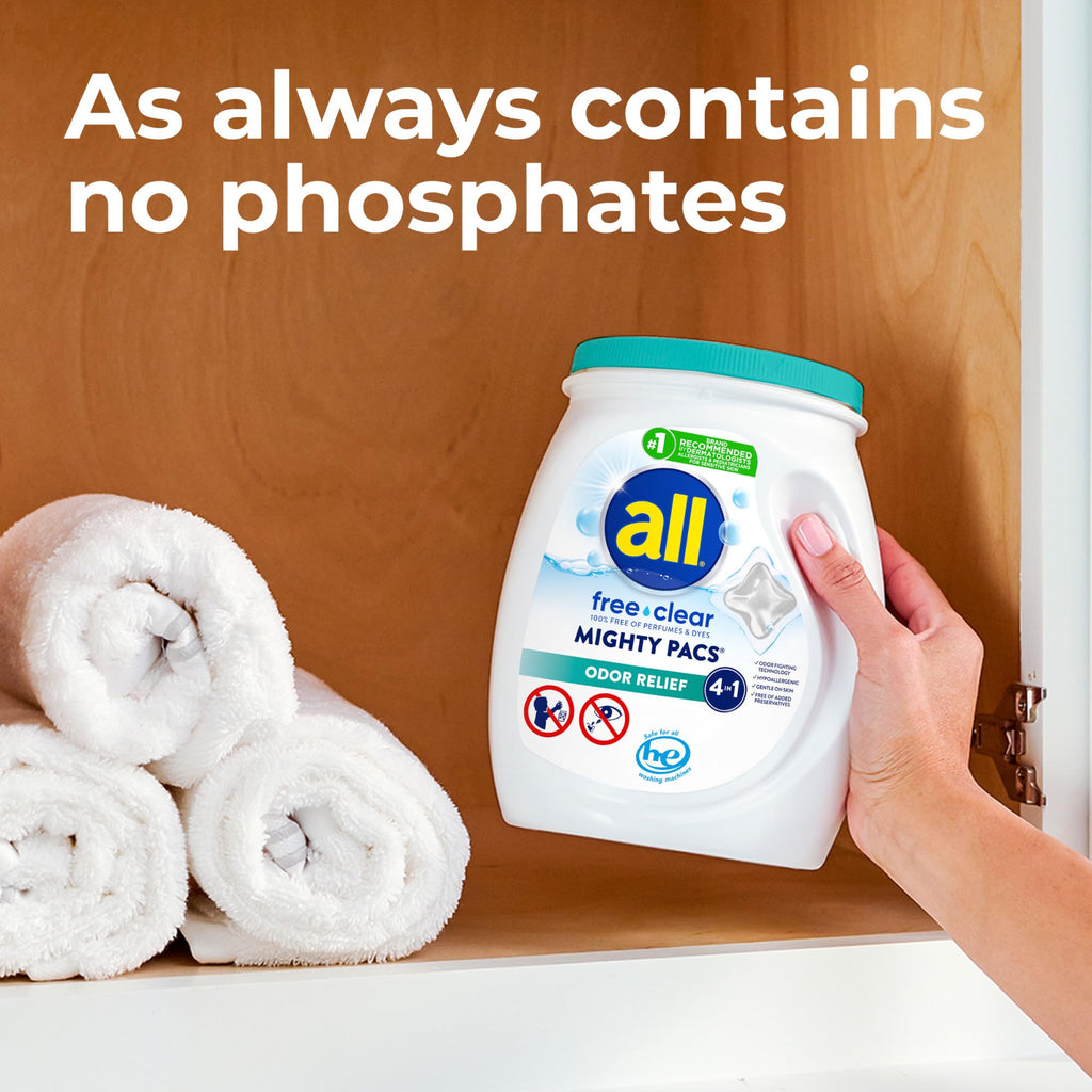 all free clear MIGHTY PACS Odor Relief, Laundry Detergent Pacs, 56 Count, Unscented and Hypoallergenic for Sensitive Skin, Dermatologist Tested, HE Safe