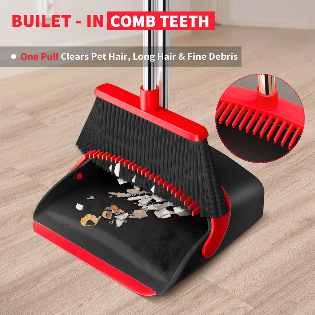 Broom with Dustpan Combo Set, Dust Pans with Long Handle for Upright Sweeping, Standing Broom and Dustpan Set with Self-Cleaning Teeth for Home, Kitchen & Office Floors(Red & Black)