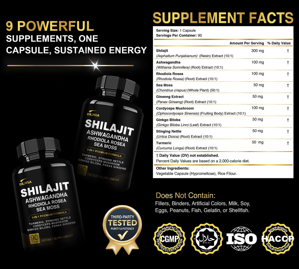 DLNIA Shilajit 9-in-1 Capsules – Organic Himalayan Complex with Ashwagandha, Sea Moss, Turmeric & More – Vegan, Lab-Tested, Immune & Energy Support for Men & Women – 90 Capsules