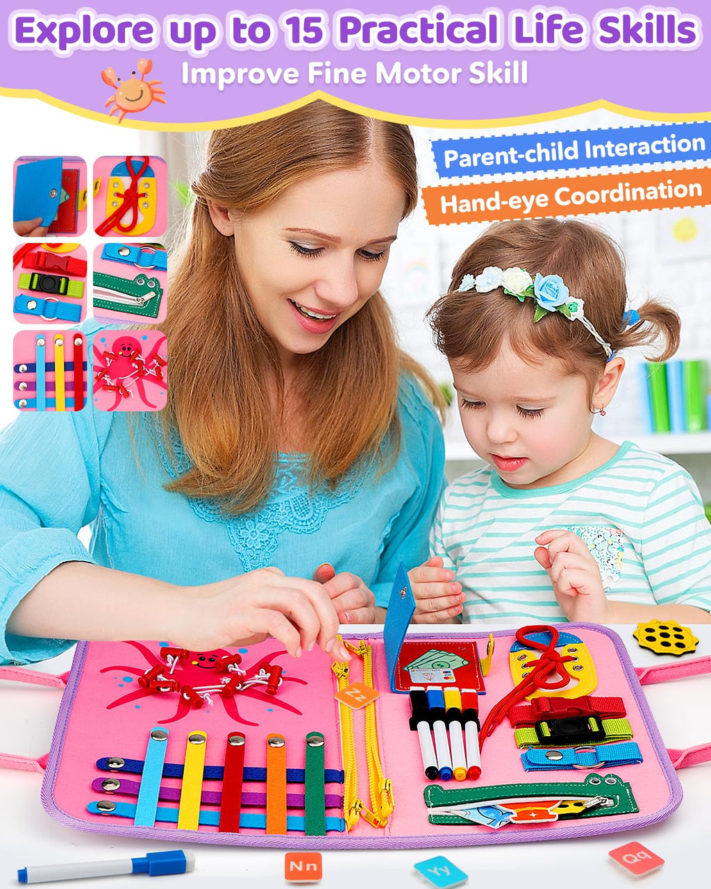 SaFeli Toddler Busy Board, Montessori Toys for 1 2 3 Year Old Girl Birthday Gifts - Educational Busy Book, Kids Sensory Toy, Preschool Learning Activities and Travel Toys for Toddlers 1-3 2-4