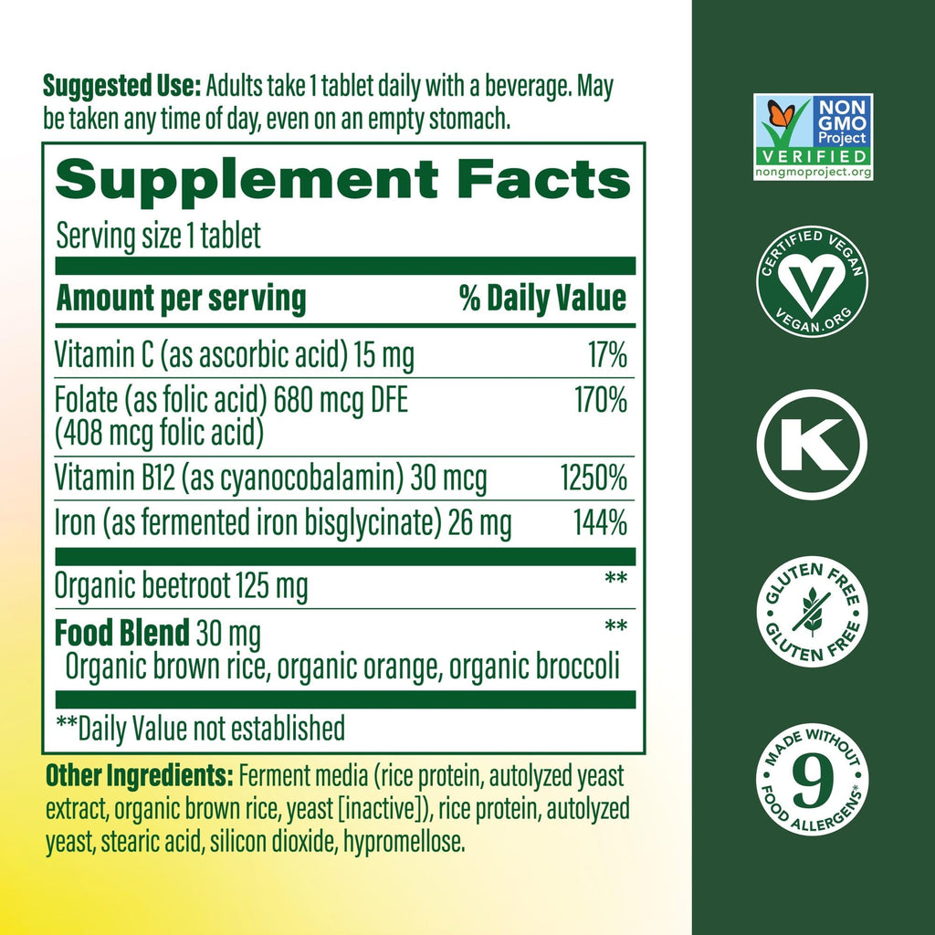 MegaFood Blood Builder Iron Supplement for Women & Men - Increase Iron Levels Without Side Effects - Combats Fatigue - with Vitamin B12, Folic Acid & Vitamin C for Absorption - Vegan - 90 Tablets