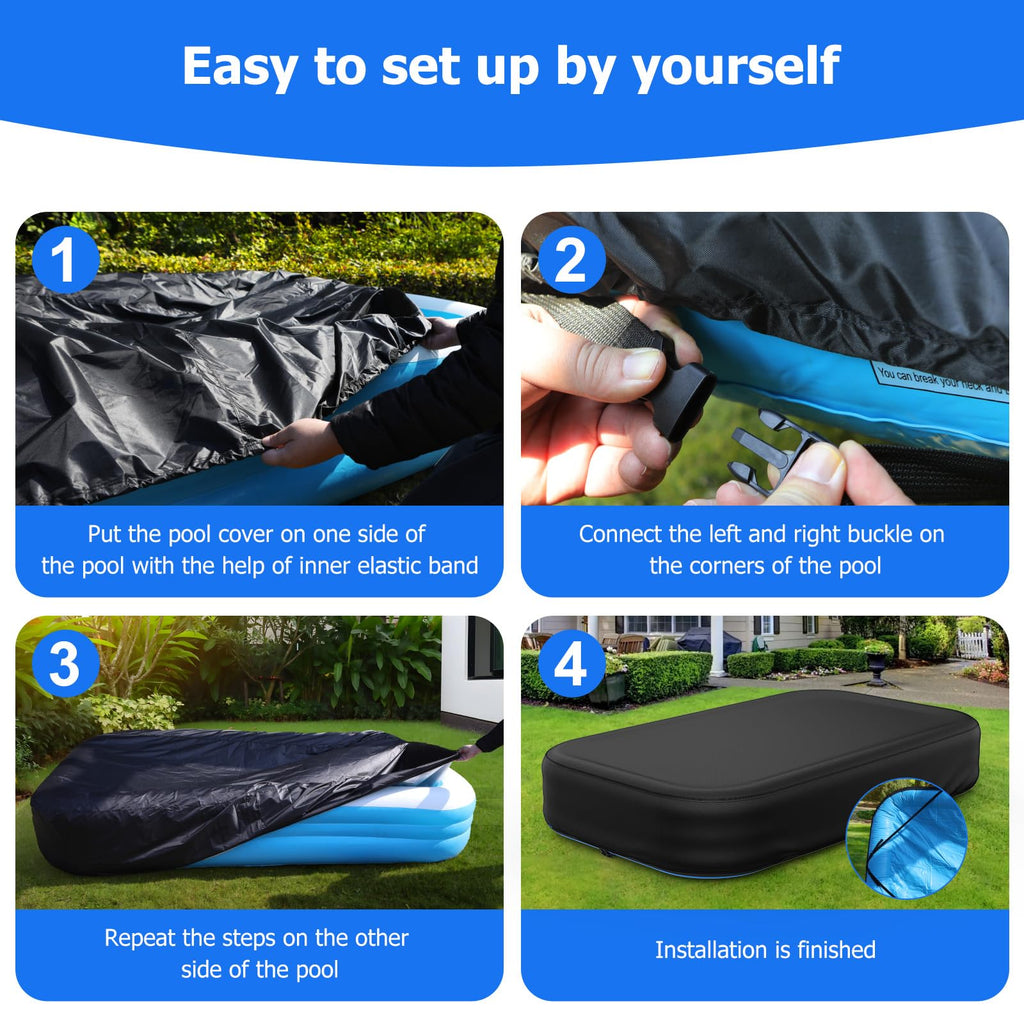 Rectangular Pool Cover for Inflatable Pool, Fits Blow Up Pool Size 103" L x 69" W, Built-in Elastic Band and Extra Buckle to Prevent Slipping, Rectangle Above Ground Swimming Pool Cover