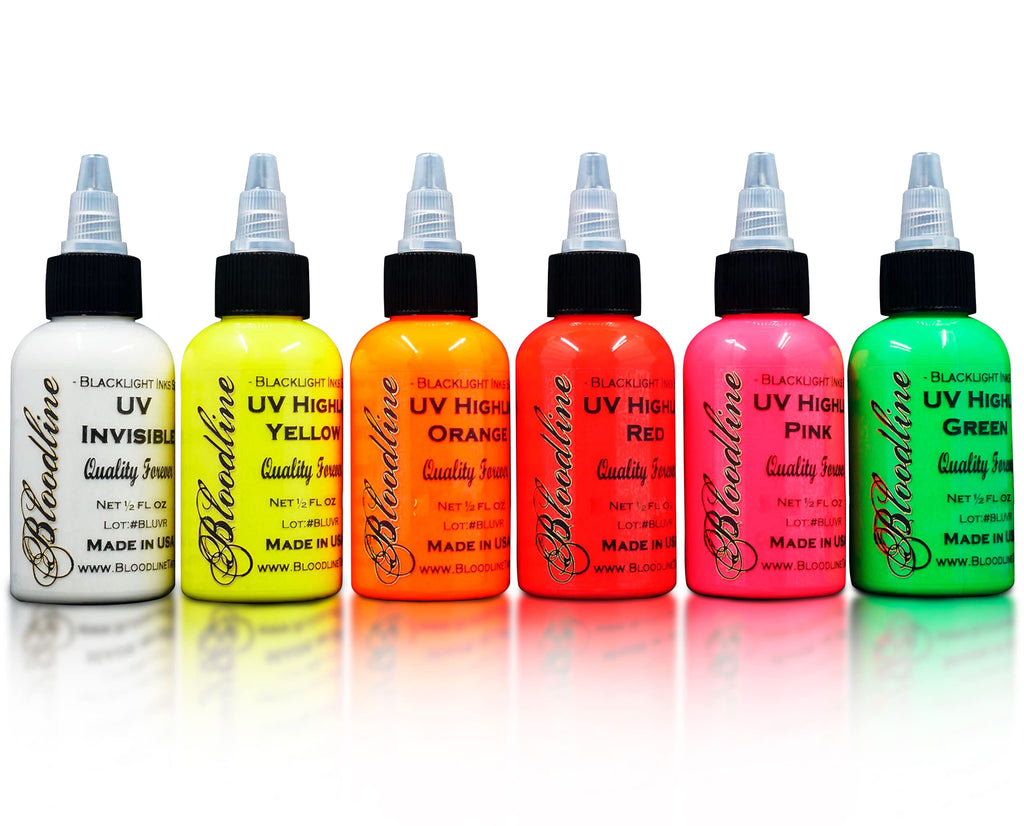 Bloodline Ink Professional Blacklight UV 6 Color Set - 1/2 oz (15 ml) - Highlight Series. Made in The U.S.A. Six Bright Fluorescent Inks for Your Vibrant Ideas