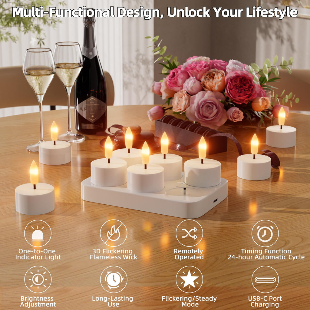 Rechargeable Flameless Tea Lights Candles with Charging Station Remote 6Pcs