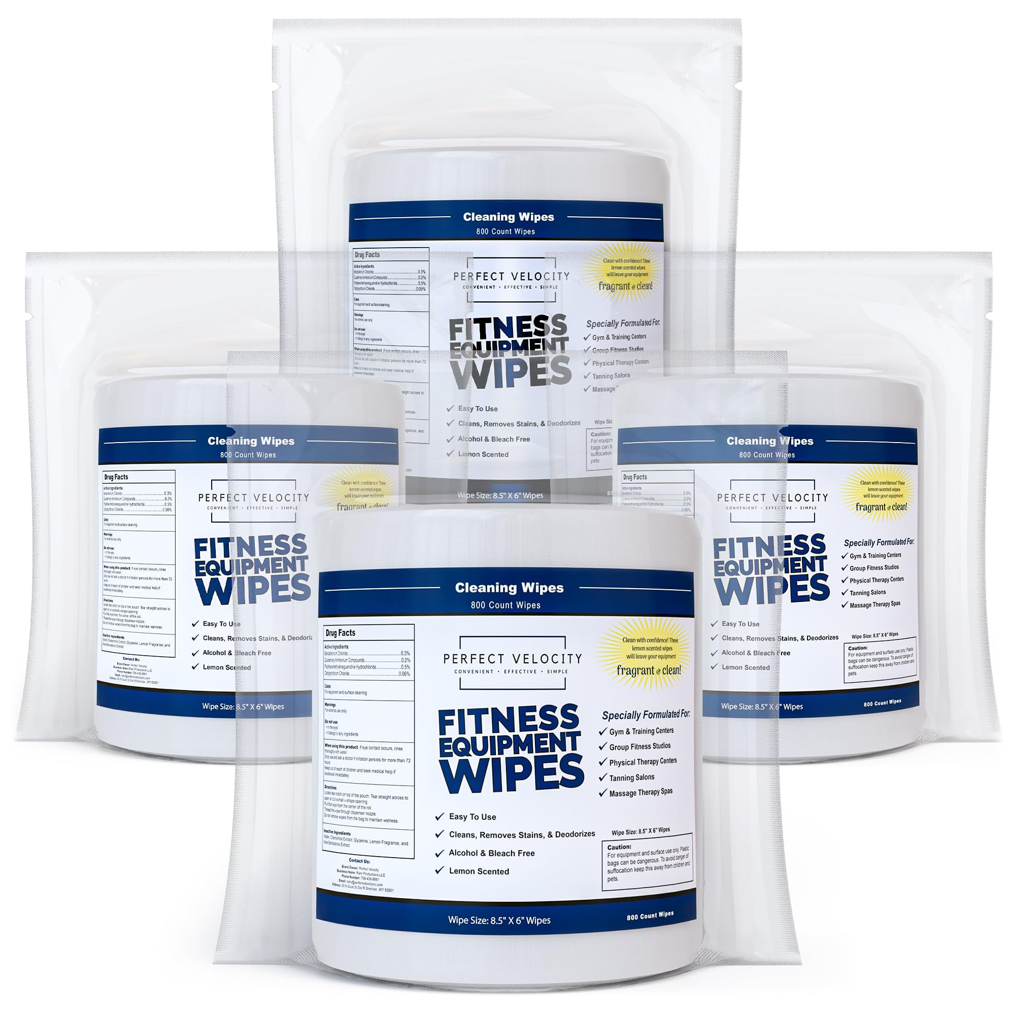 Perfect Velocity Fitness Gym Equipment Wipes - 4 Rolls of 800 Pre-Moistened Cleaning Refill Wet Wipes - For Upwards and Downwards Dispensers