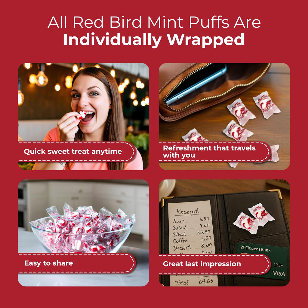 Red Bird Soft Peppermint Puffs, Soft Mints Individually Wrapped, 52 oz Tub