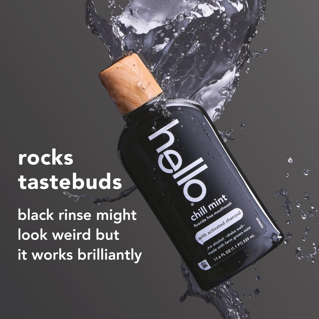 Hello Chill Mint Alcohol Free Mouthwash with Activated Charcoal, 17.6 Fl Oz, Fluoride Free Mouthwash with Farm Grown Mint and Coconut Oil, Vegan, Minty Oral Rinse (Pack of 3)