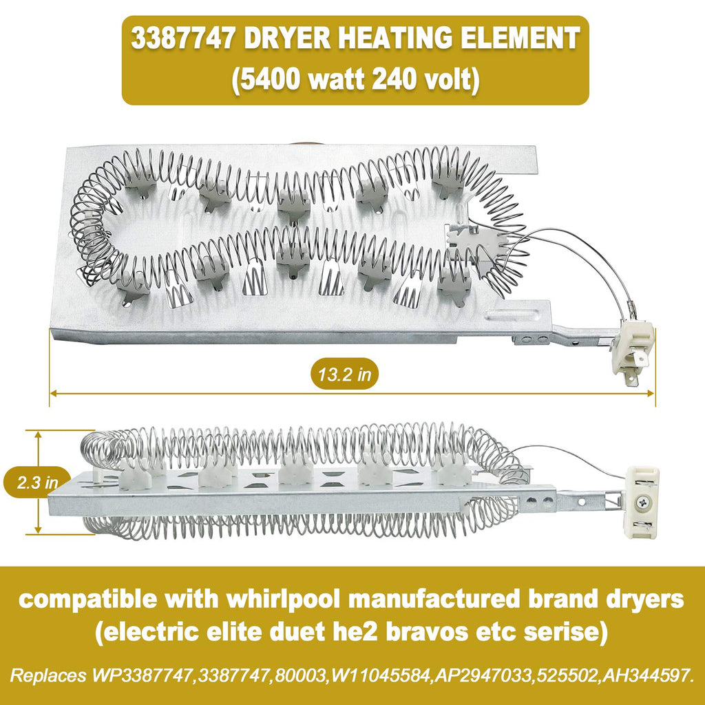 WP3387747 3387747 Dryer Heating Element Kit-Compatible With Whirlpool Cabrio Kenmore He2 Kenmore Elite He3 Maytag Dryers- GEW9250PW0 GEQ9800PW1 WD05X30818 GEQ9800PW2 GEQ9800PW1 MEDB835DW4 By TOMOON