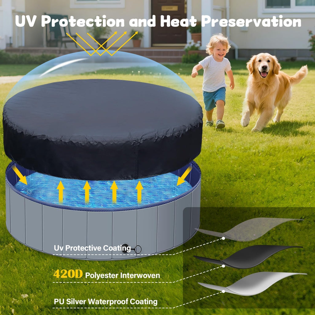SAFANA 72" Round Dog Pool Cover [Upgrade 420D Thickened] 6ft Portable Dog Pet Bath Pool Cover 71/72 inch, Durable Foldable Round Inflatable Swimming Pool Cover, Drawstring Design Windproof Dustproof