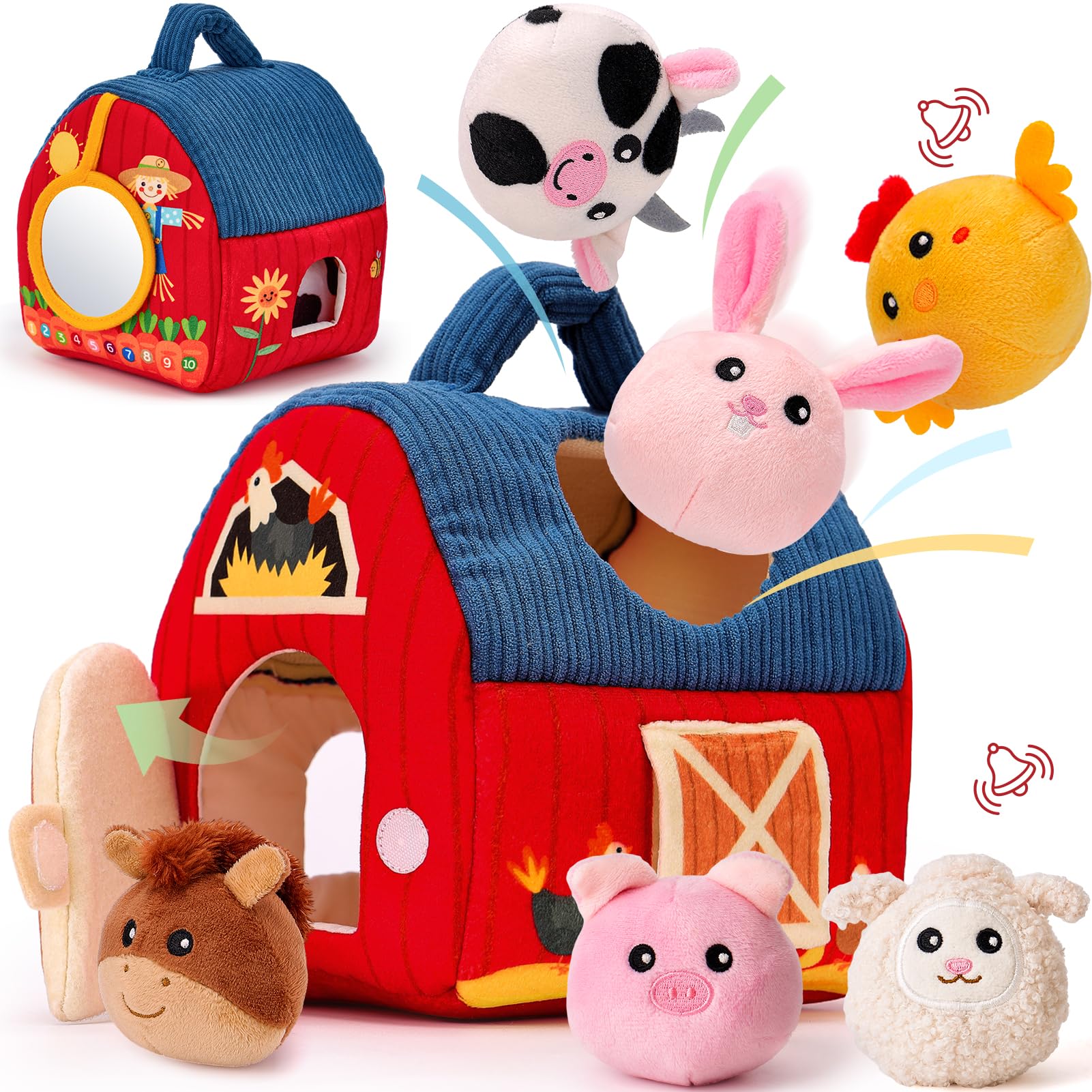 hahaland Baby Toys 6-12 Months - Surprise Barn with Stuffed Farm Animals, Rattle, Crinkle Paper, Mirror - Montessori Toys for 6 Month Old Babies, Sensory Balls Toddlers 1-3, 1 Year Old Boy Girl Gifts