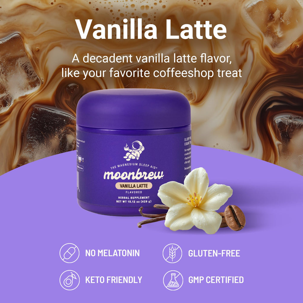 MoonBrew Nighttime Magnesium Vanilla Latte Mix, Natural Sleep Aid Drink Mix for Adults - Calming Melatonin-Free Sleep Support Powder with Magnesium Glycinate, L-Theanine, Chamomile & Zinc