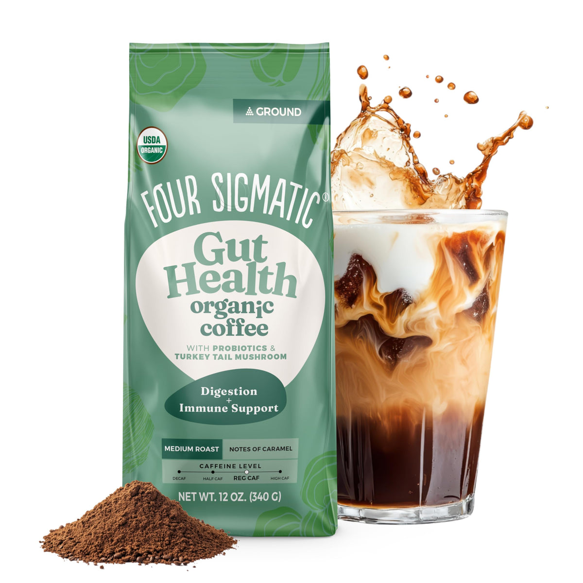 Four Sigmatic Gut Health Organic Ground Coffee | Medium Roast, Immune Boosting Probiotic Mushroom Coffee with Chaga & Turkey Tail for Gut Health & Immune Support | 12oz Bag