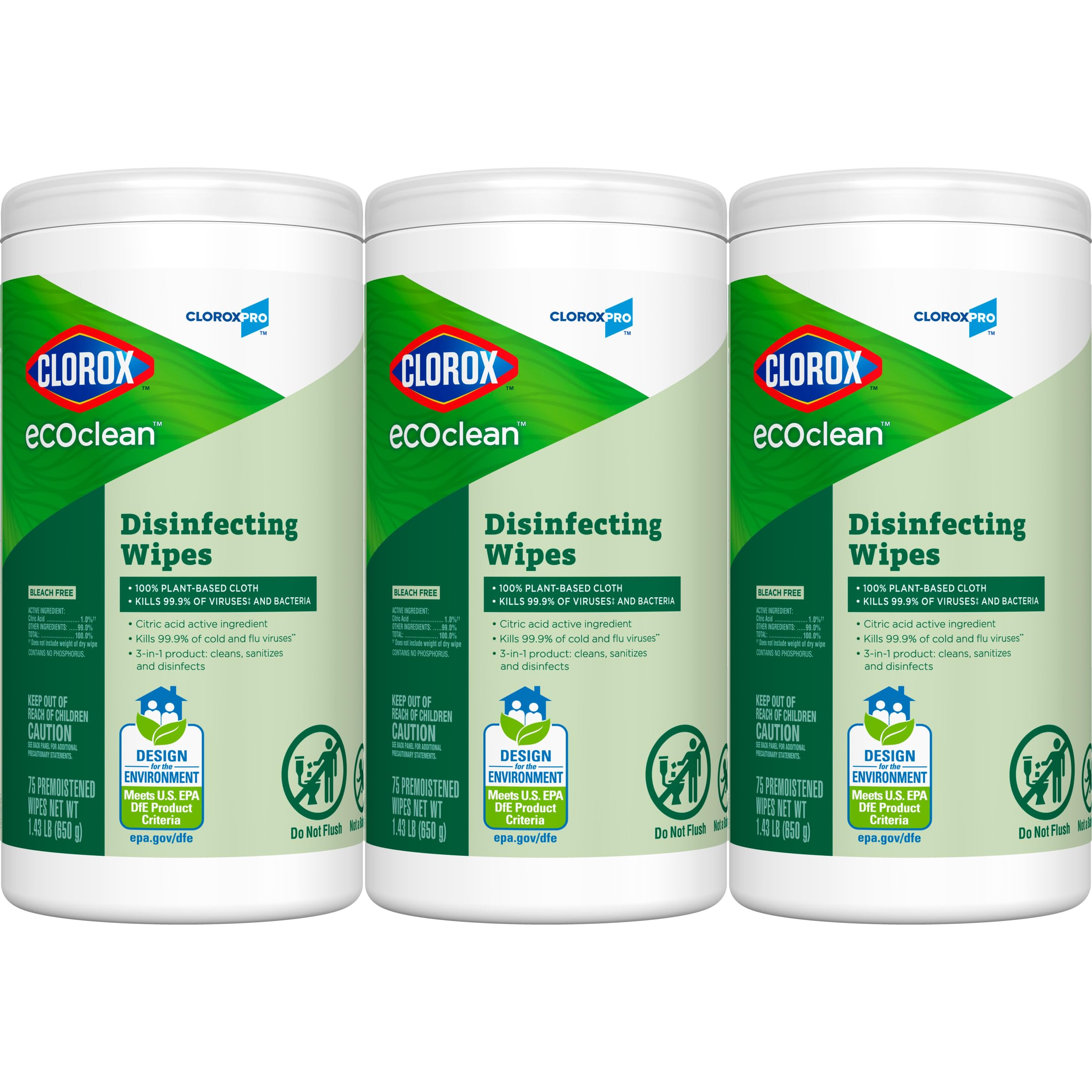 CloroxPro Clorox EcoClean Disinfecting Wipes, 75 Count, Pack of 3