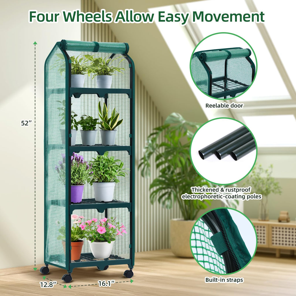 Ohuhu Mini Greenhouse for Indoor Outdoor, Small Plastic Plant Green House with Locking Wheels Portable Greenhouses with Durable Cover for Seedling, Ideal Gardening Gifts for Women Men Green