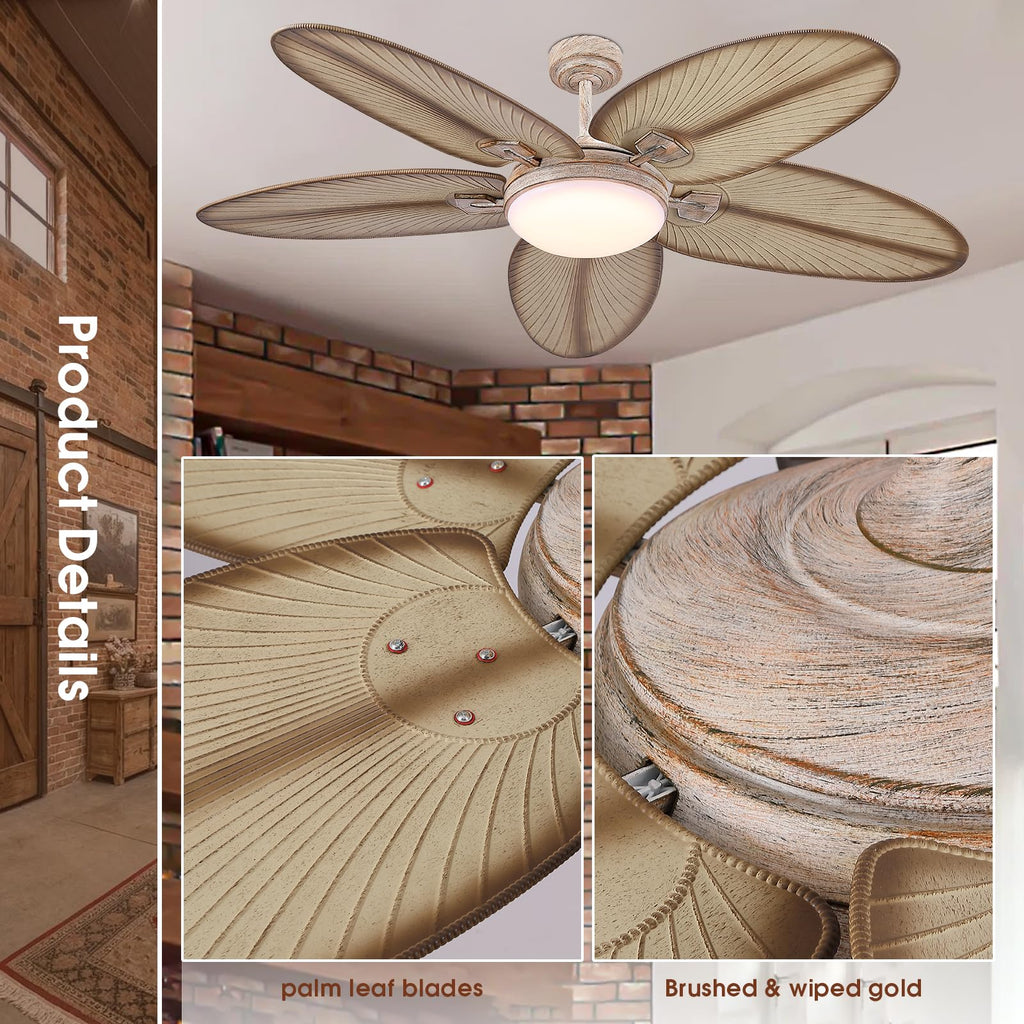 PHORUS 62" Large Waterproof Outdoor Palm Leaf Ceiling Fans with Lights and Remote,Wet Rated Tropical Ceiling Fans Light for Patios Porch Gazebo Pergola,6 Speeds Reversible