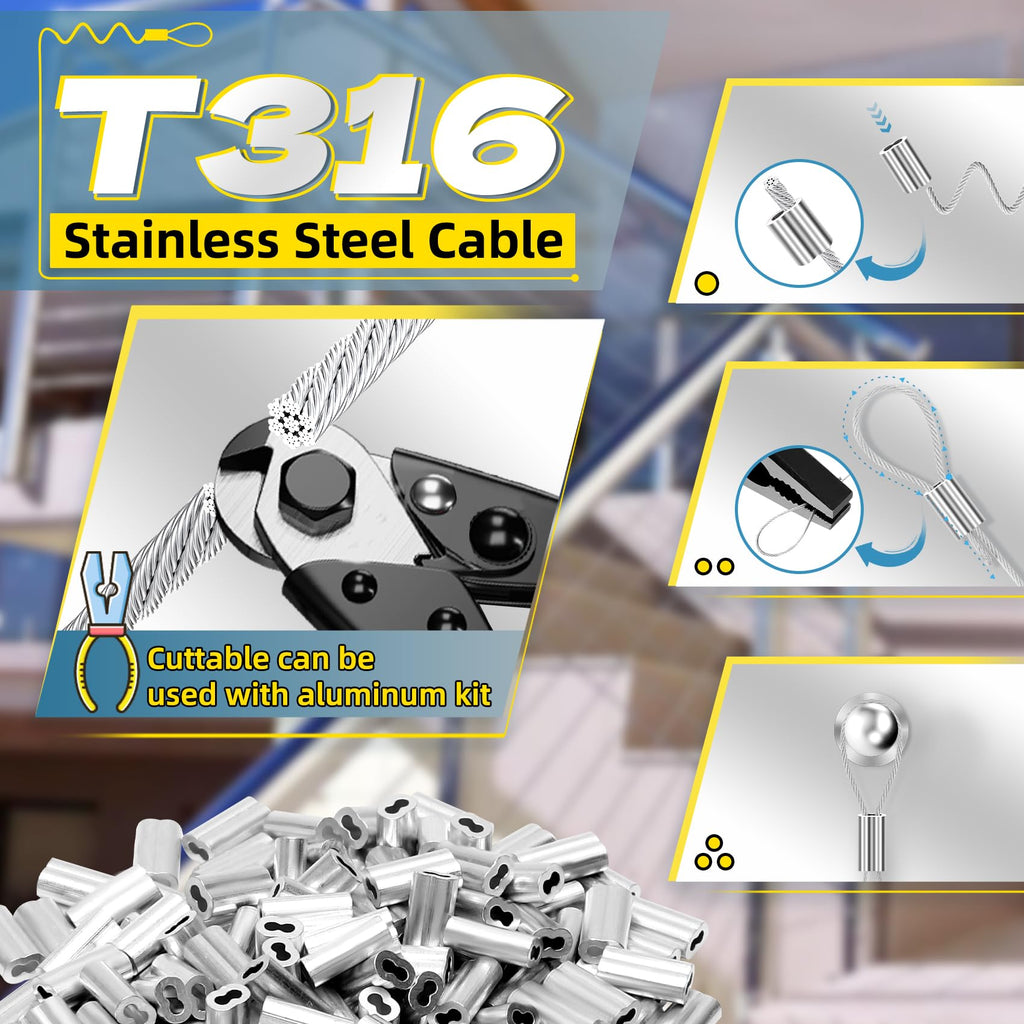 316 Stainless Steel Cable, 200FT 1/32IN Wire Rope with 50Pcs Aluminum Sleeves Stops, for String Lights Hanging, Clotheslines, Trellis Wire