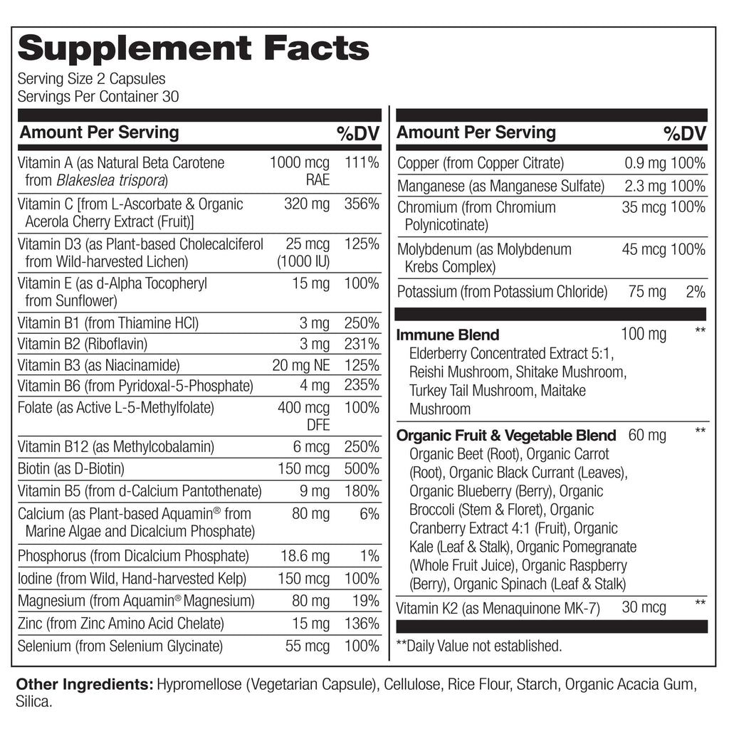NATURELO Whole Food Multivitamin + Immune Blend with Elderberry & Mushrooms - Complete Multivitamin with Extra Immune Support - C, D3, Zinc, Elderberry, Reishi, Shitake, 60 Vegan Capsules (Pack of 2)