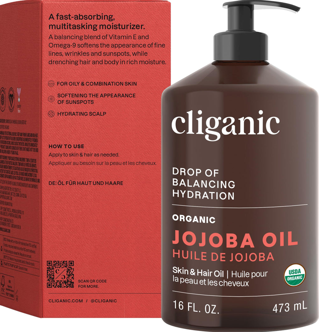 Cliganic Organic Jojoba Oil 16 oz, 100% Pure | Bulk, Natural Cold Pressed Unrefined Hexane Free for Hair & Face | Base Carrier Oil