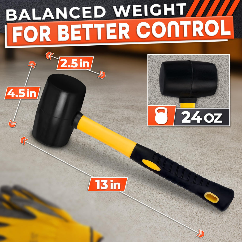 24 Oz Rubber Mallet Hammer for Woodworking, Flooring, Tiling, Camping and More - Rubber Hammer with Non-Slip Grip, Durable Ergonomic Handle and Anti-Vibrating Design for Furniture Assembly and Repairs