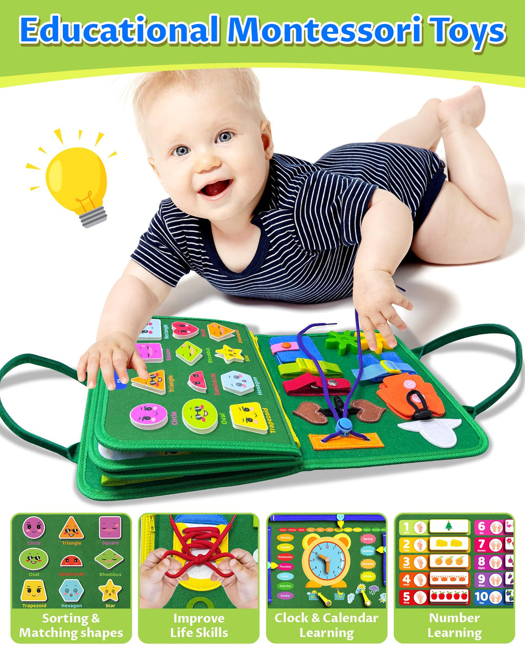 Board Toys for Toddler Boy & Girl Birthday Gifts, Busy Book Learning Sensory Toys for Toddlers, Toddler Travel Toy Educational Activities Learn Fine Motor Skills