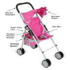 fash n kolor Doll Stroller with Basket, My First Denim Pink Foldable Baby Doll Umbrella Doll Stroller Fits Upto 18" Dolls, Gift Toys for Girls,Baby Doll Accessories Include 2 Free Magic Bottles