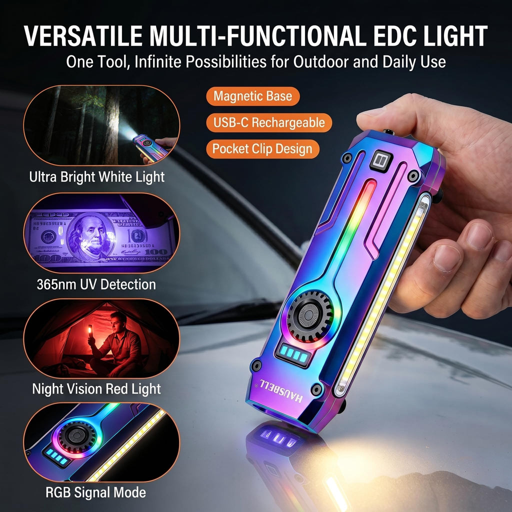 Flat EDC Flashlight 1800 High Lumens, Stainless Steel Rechargeable Pocket Light with UV Blacklight, Red Light for Cats, Arrow-Shaped RGB Beacon, Magnetic Work Light,USB-C Stepless Dimming (Iridescent)