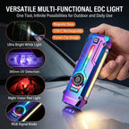 Flat EDC Flashlight 1800 High Lumens, Stainless Steel Rechargeable Pocket Light with UV Blacklight, Red Light for Cats, Arrow-Shaped RGB Beacon, Magnetic Work Light,USB-C Stepless Dimming (Iridescent)