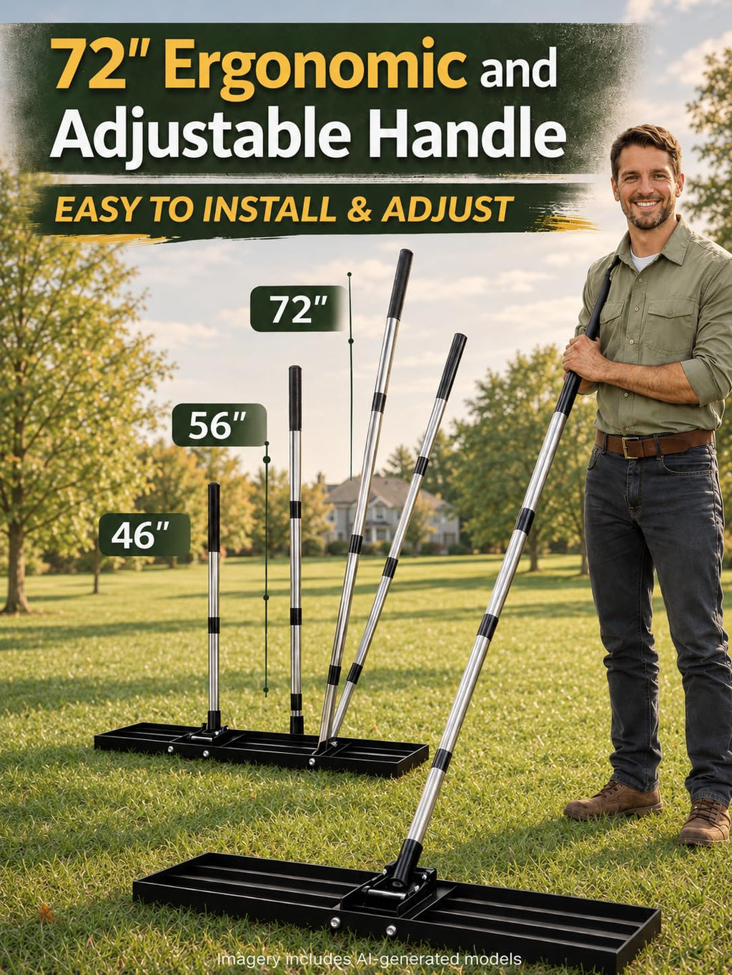 30x10 inch Lawn Leveling Rake, Yumatum 72" Heavy Duty Lawn Leveler Tool, Stainless Steel Handle Lawn Leveler for Yard Golf Pasture Garden, Professional Lawn Care Landscape Rake