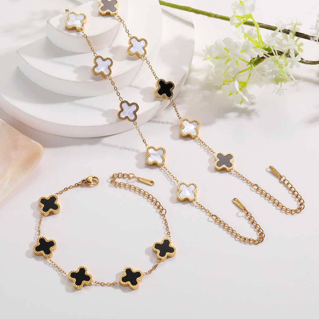 AIPPK 18K Gold Plated Clover Bracelet Set for Women Four Leaf Lucky Flower Bracelets Fashion Simple Jewelry Gifts for Women 3Pcs，white+black+gold