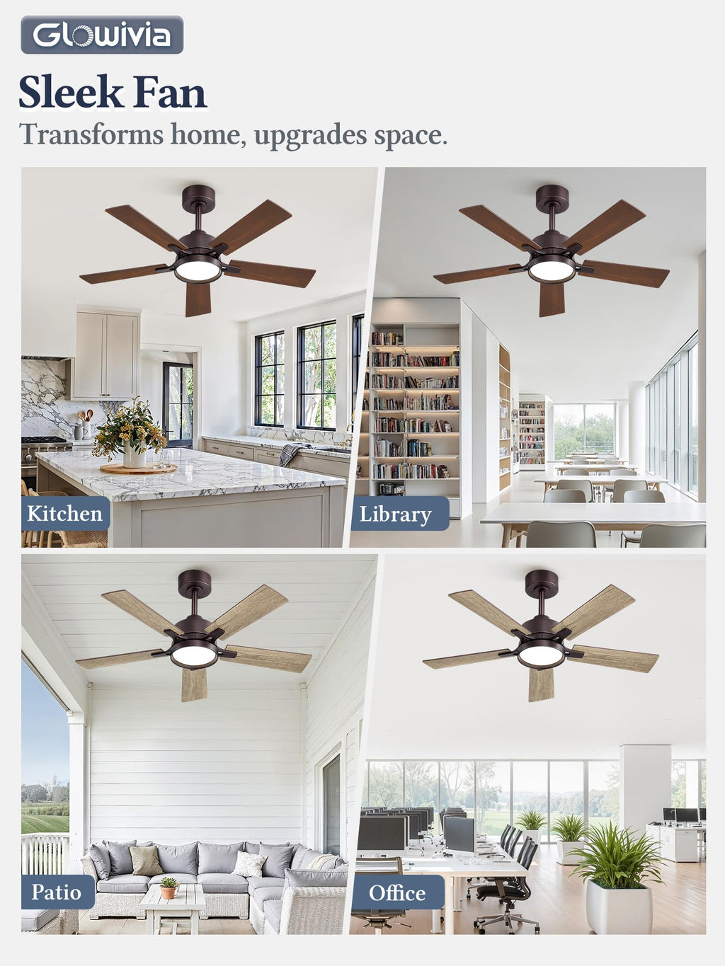 Glowivia 42 Inch Ceiling Fan with Lights and Remote, Smart APP Control, Dimmable with All-Setting Memory, Quiet DC Motor Reversible Blades, Damp Rated Modern Ceiling Fan for Bedroom Patio Living Room