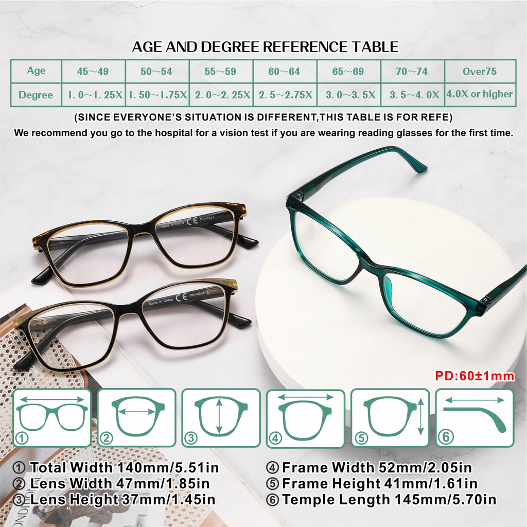 STARTONYOU Reading Glasses for Women, 3-Pack Blue Light Computer Eyeglasses, Cat-Eye Fashion Full Frame with Spring Hinge Ladies Readers +1.5diopter